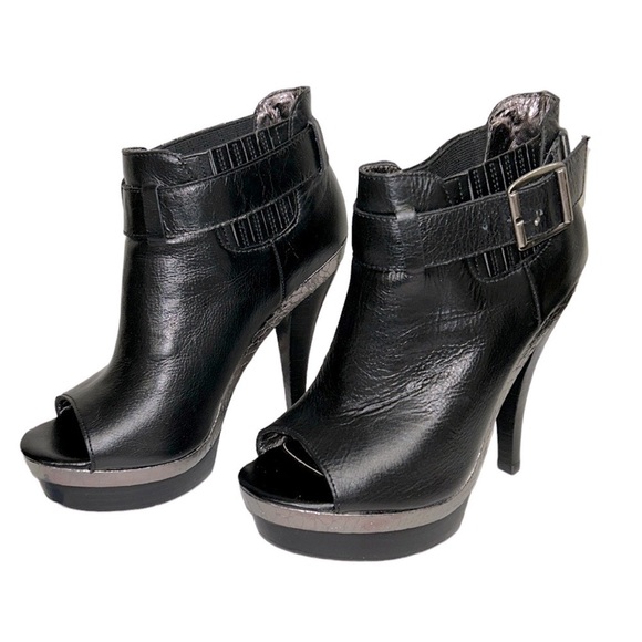 STEVE MADDEN | Mainst‎ Leather Peep Toe Booties Black Silver Snakeskin 6M - Picture 2 of 16